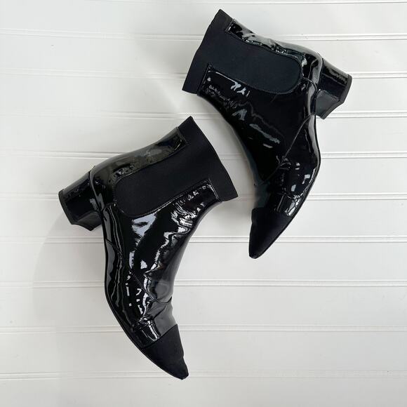 Chanel CC Logo Patent Leather Chelsea Ankle Boots Black Pointed Cap Toe 36.6 - Picture 1 of 14